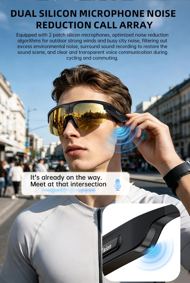 Mann bedient den Bügel seiner Kamera-Sportbrille in der Stadt