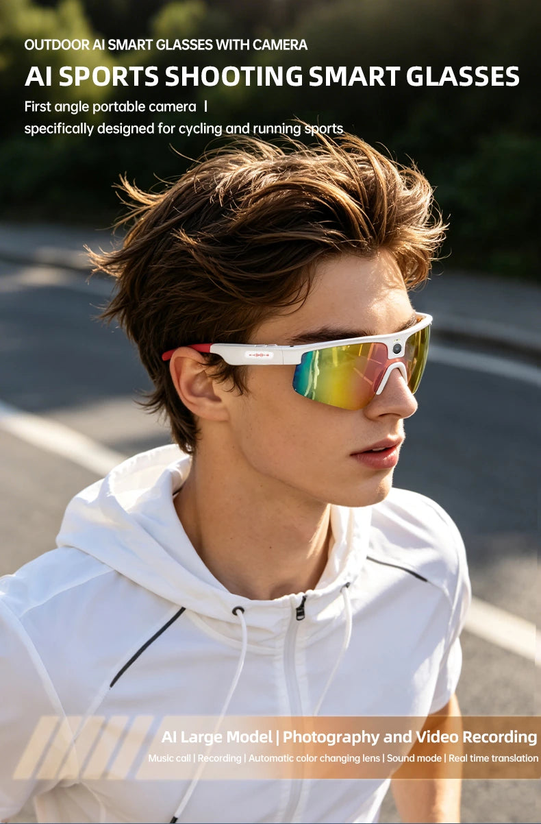 Sportlich gekleideter Mann mit weißer Kamera-Sportbrille im Freien