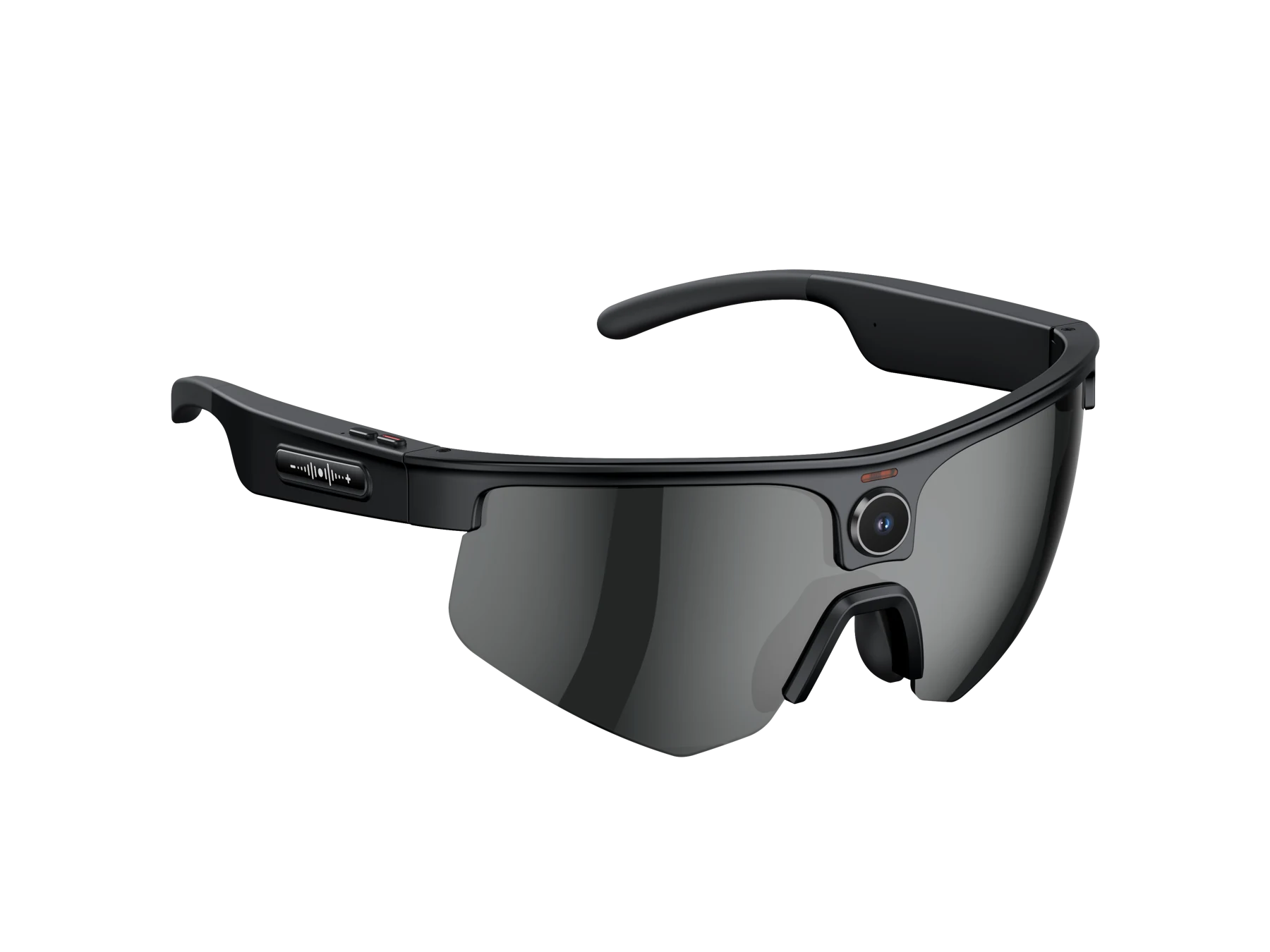 Mittige Kamera und Bedienelemente der schwarzen Sportbrille